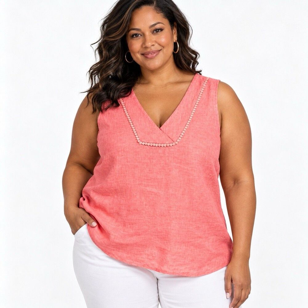 Talbots Plus 1X Coral Pink Linen Top Sleeveless V Neck Boho Cottagecore